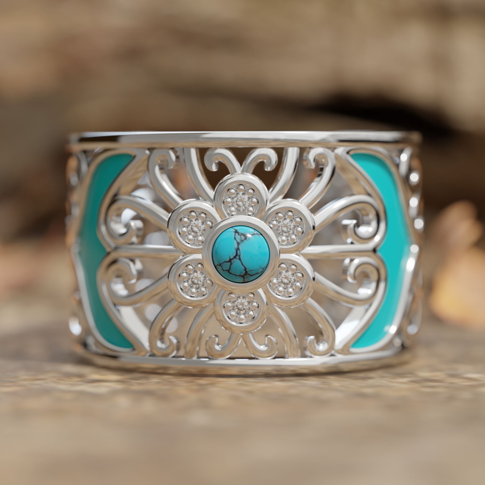 Tang grass hotsell flower silver inlaid turquoise ring