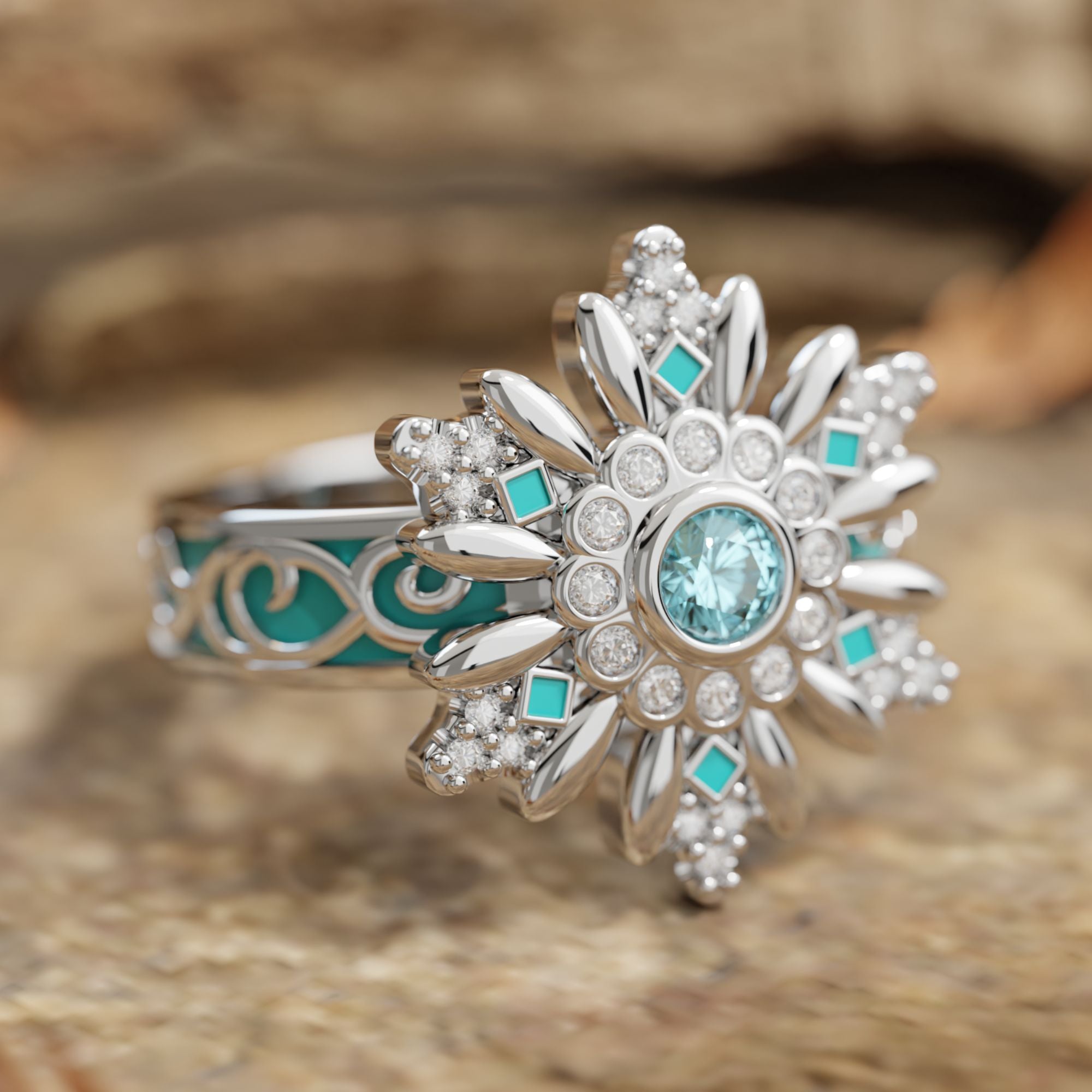 Round Aquamarine Turquoise Sterling Silver Western Snowflake Ring