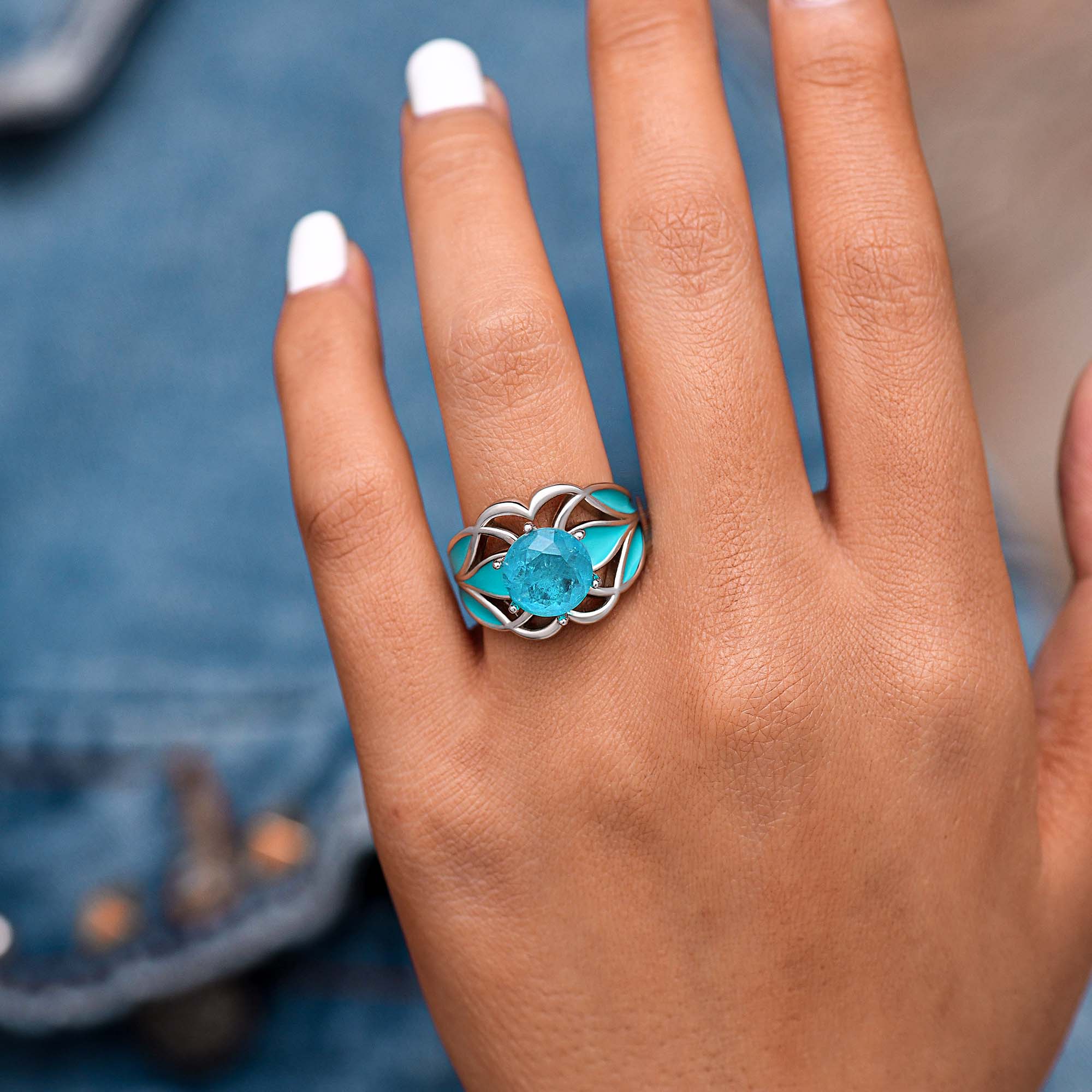 Round Aquamarine Turquoise Sterling Silver Western Wave Ring